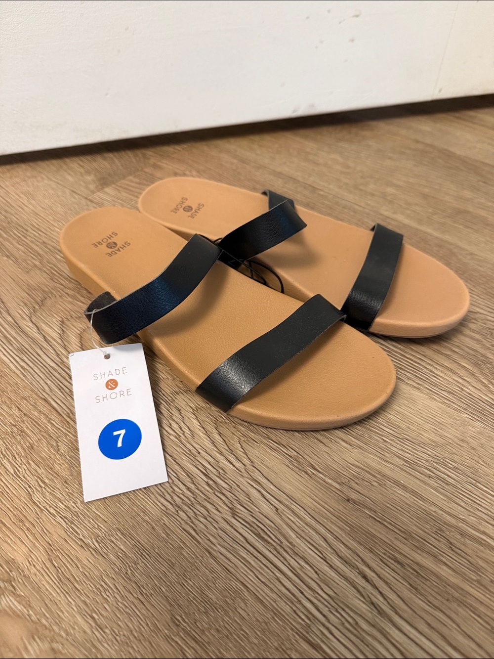 Shade & Shore Black Double-Strap Slide Sandals with Tan Footbed